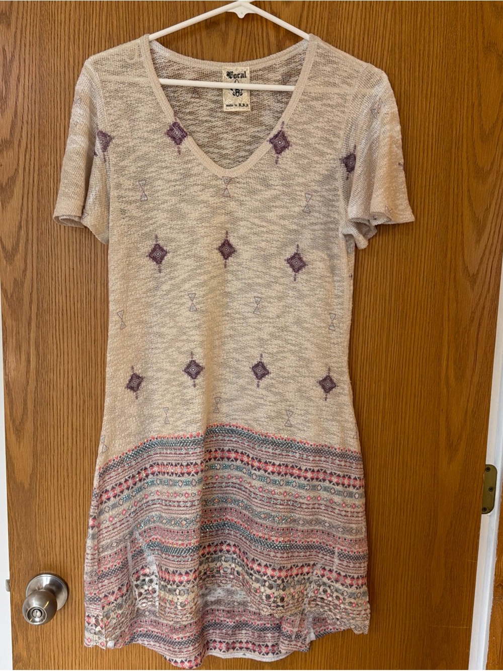 VOCAL Women’s Western T Shirt Dress Tunic Size M Aztec Rhinestones Hi Low Beige